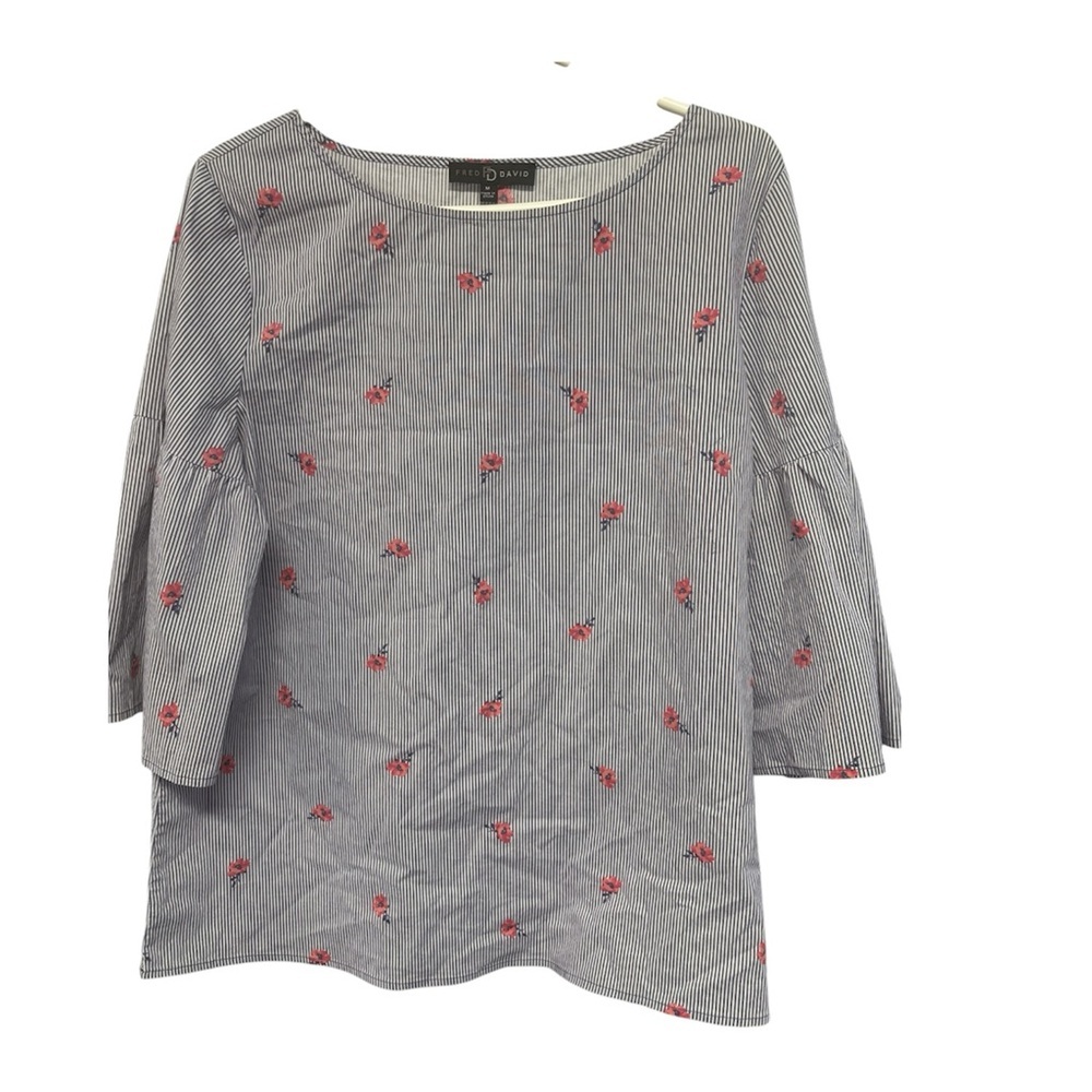 Fred David Blue Striped Blouse with Pink Rose Embroidery
